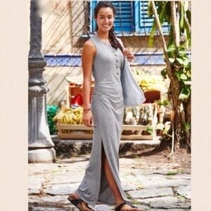 Athleta Rib Henley Maxi Dress Gray Ruched Slit Casual Comfy Athleisure Beach XS